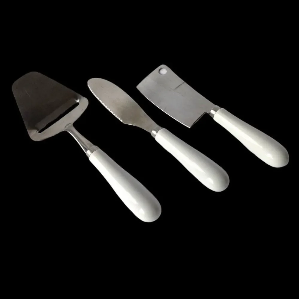 Vintage 80s Set of 3 Cheese Knives with White Ceramic Handles